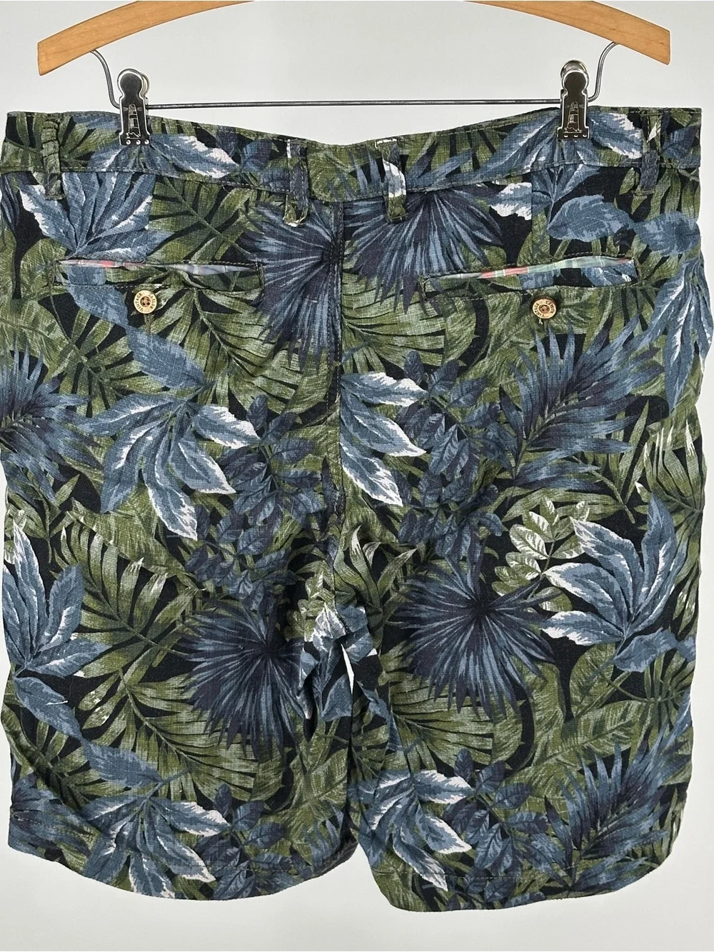 Men's 36 Tropical Leaf Print Linen Cotton Flat Front Shorts - Blue Green Beach